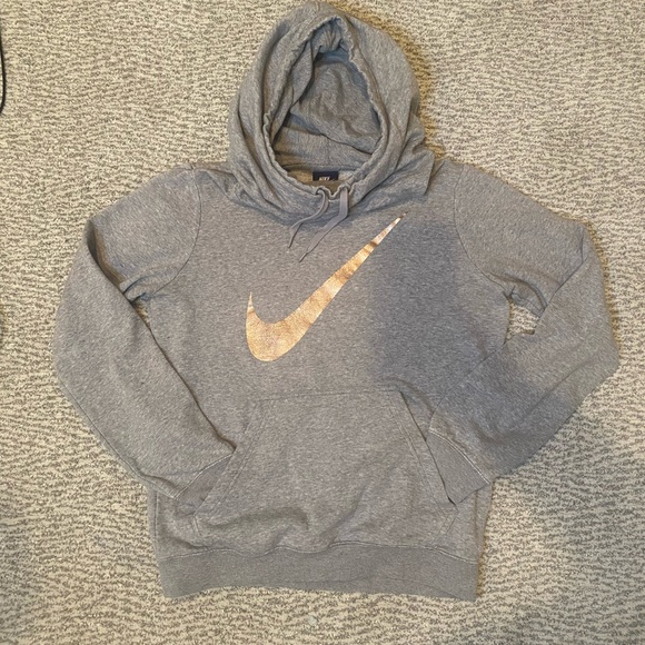 Nike Tops - Nike Heather Gray Pullover Hoodie with Metallic Rose Gold Swoosh Size Small